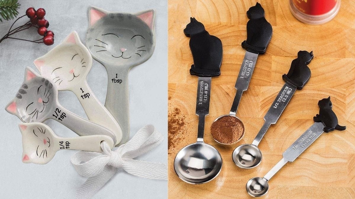 On left: white and grey cat measuring spoons. On right; steel spoons with black black 