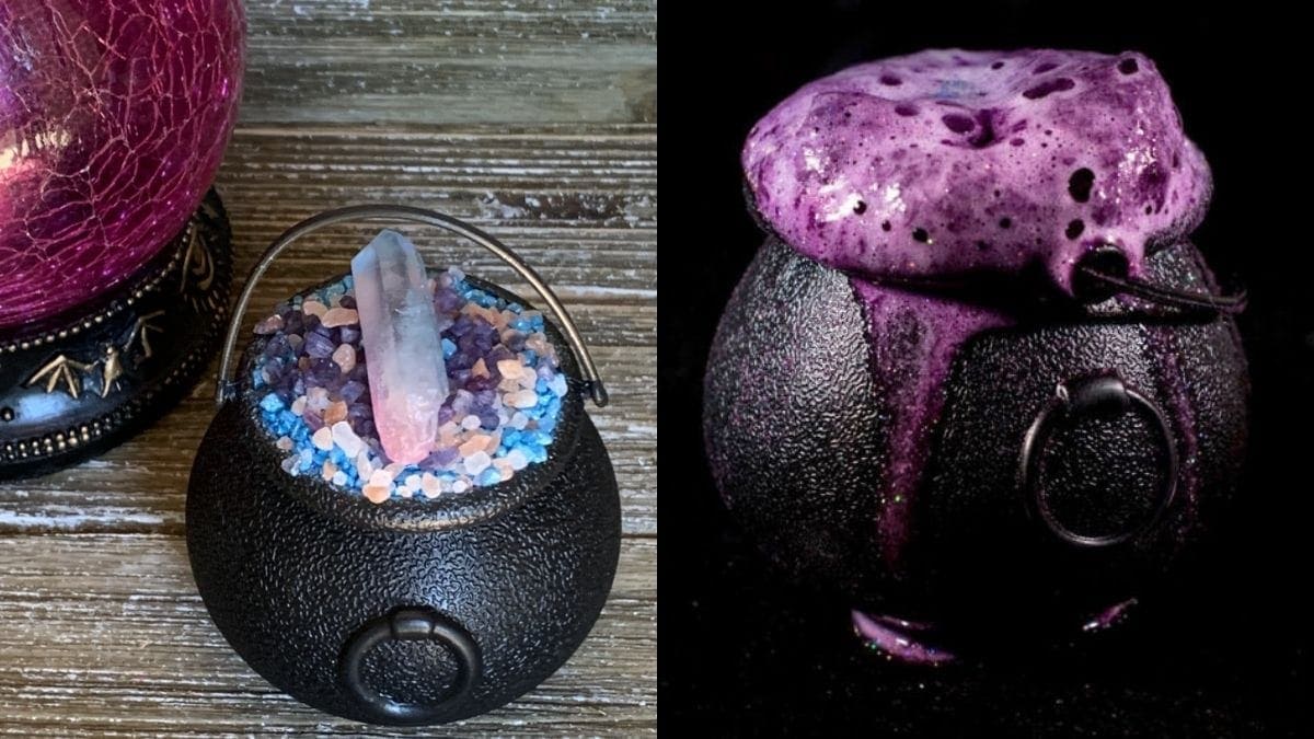 A bath bomb in the shape of a cauldron, decorated with crystals on top and when put in water it lathers in purple color.