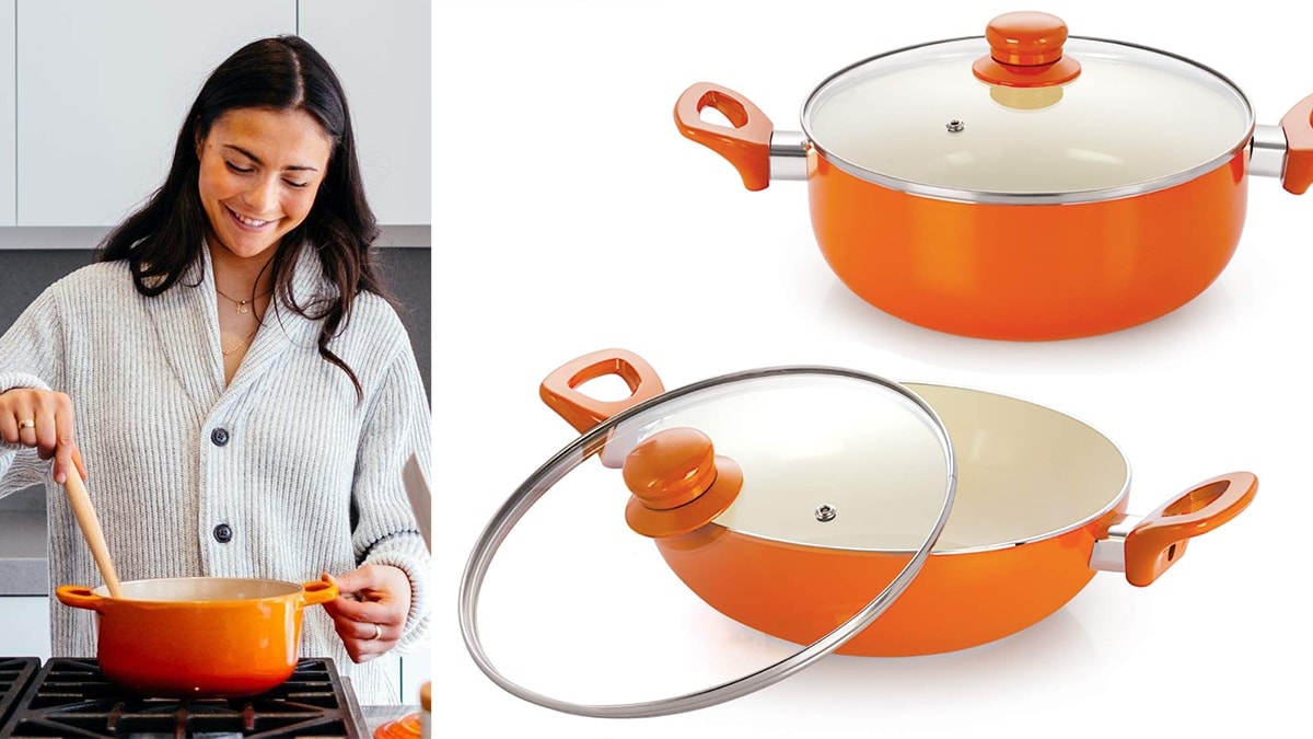 On left: a woman stirring orange colored ceramic cookware on the stove. On right: Two orange ceramic cookwares.