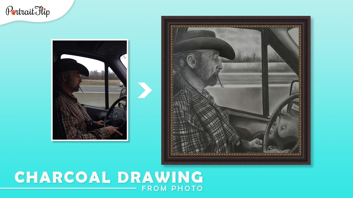 Christmas gifts ideas for him: a photo of man driving a car as he holds the steering wheel is turned into a charcoal drawing by artists of portraitflip