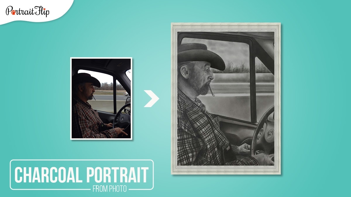 A Charcoal Portrait made by PortraitFlip.
A photo of a old man driving car, wearing a cowboy with a cigarette in his mouth is sketched.   
