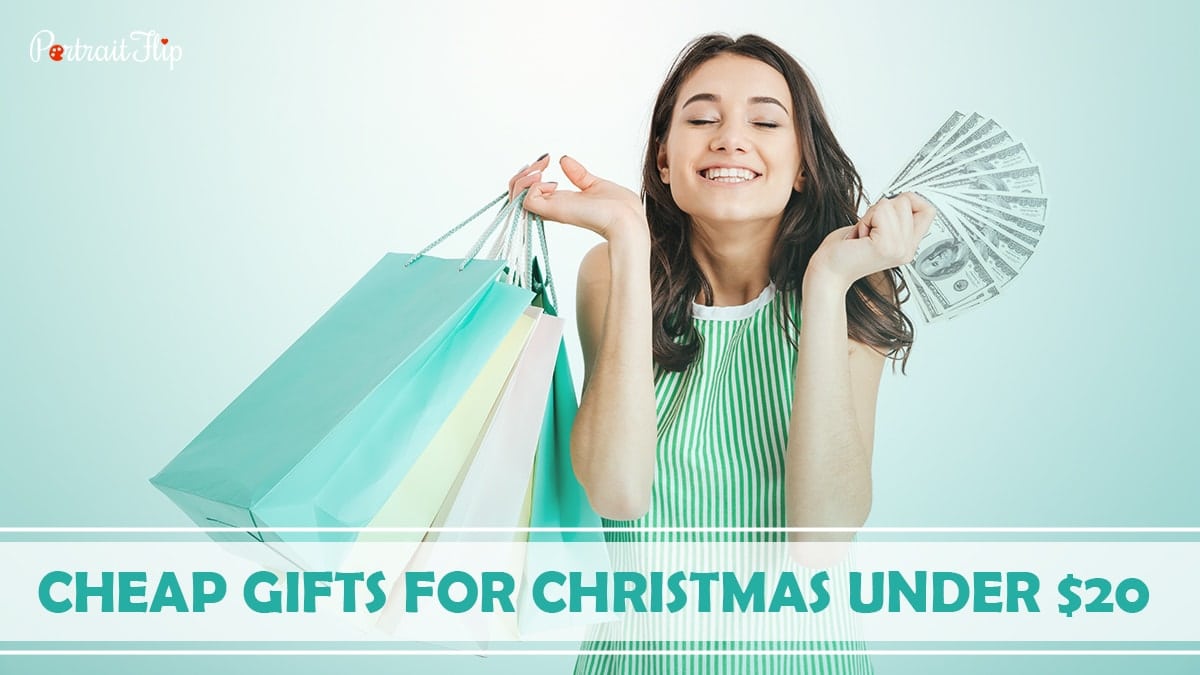 Cheap Gifts For Christmas Under $20: A girl smiling up where she has some bags on her right hand and cash on the left hand. 