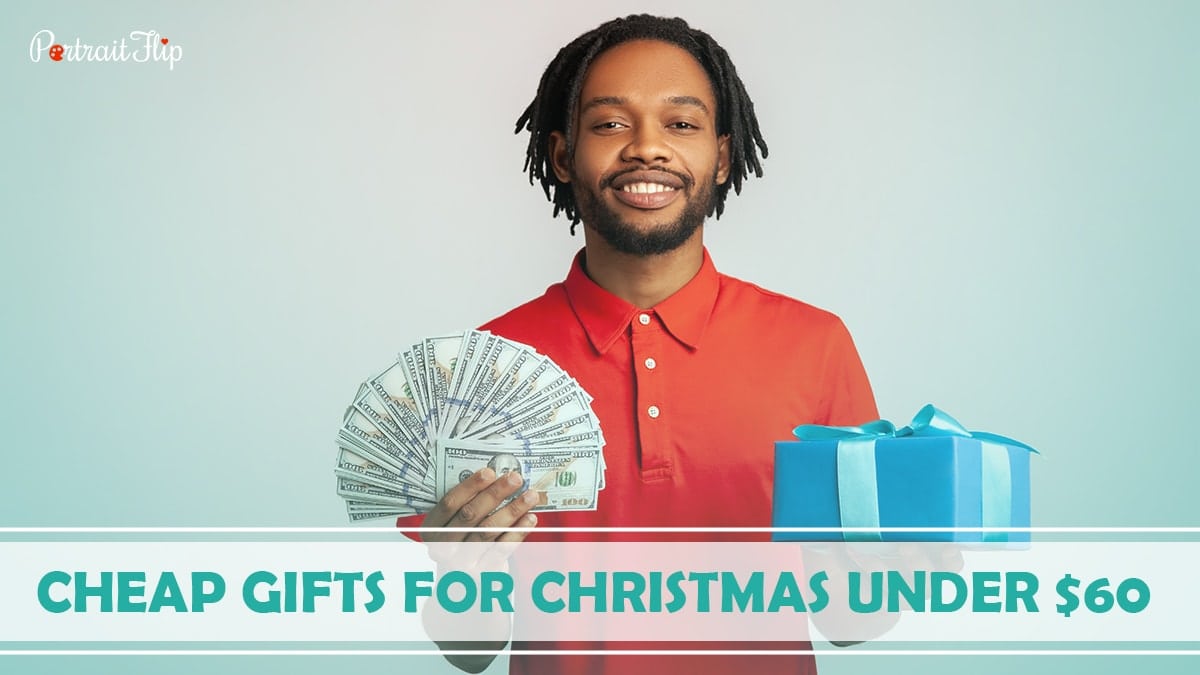 Cheap Gifts For Christmas Under $60: A boy holding cash on one hand and a gift on the other hand.