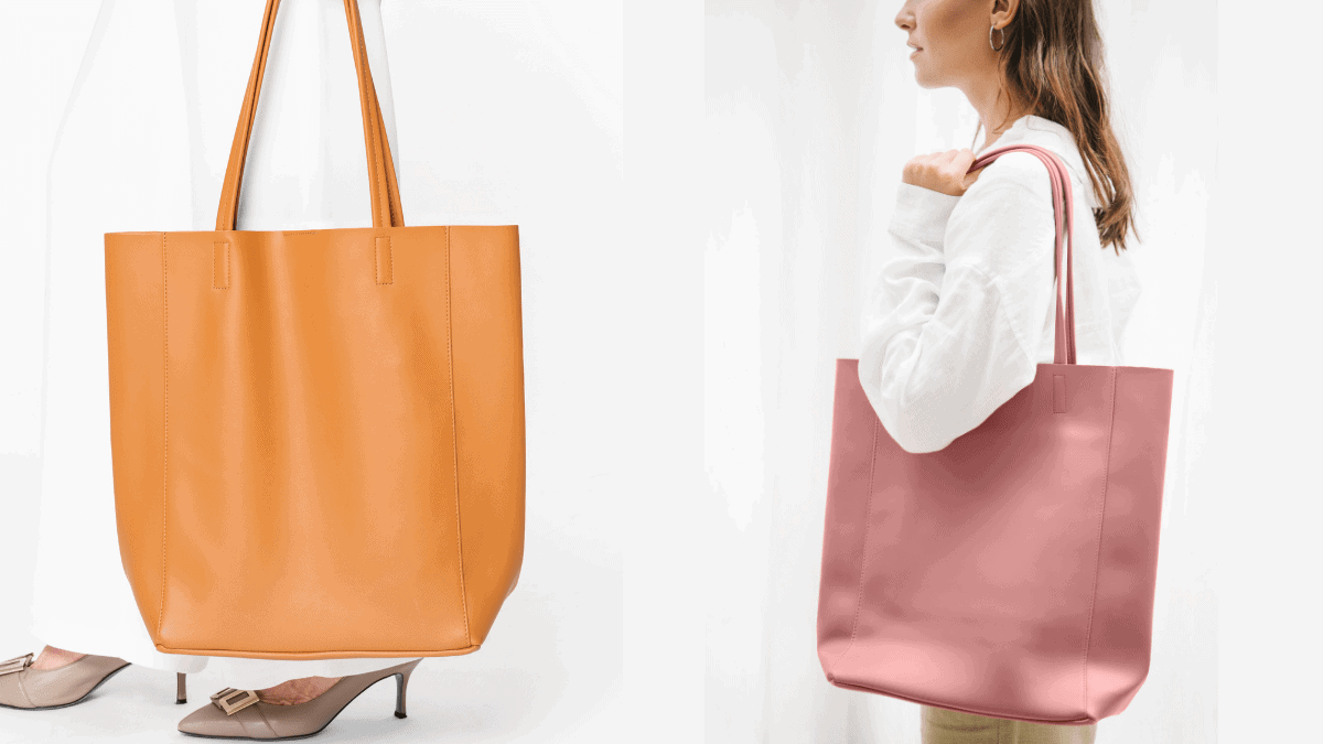 A leather tote bag worn by a women in two colors. pastel pink and orange.