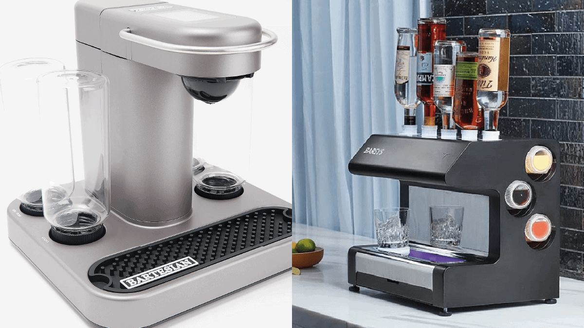 on left: a silver colored cocktail machine. On the right: a black cocktail machine with drinks and glasses. 