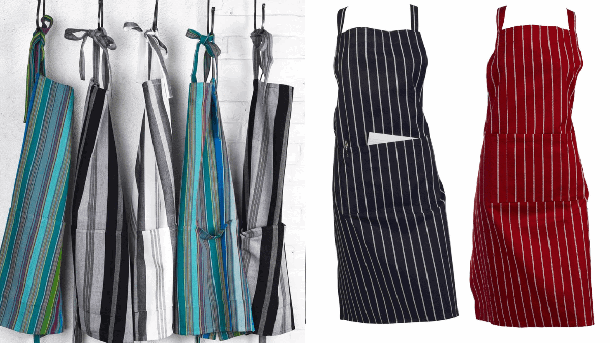 There is a collection of aprons in black, red, and grey color. 