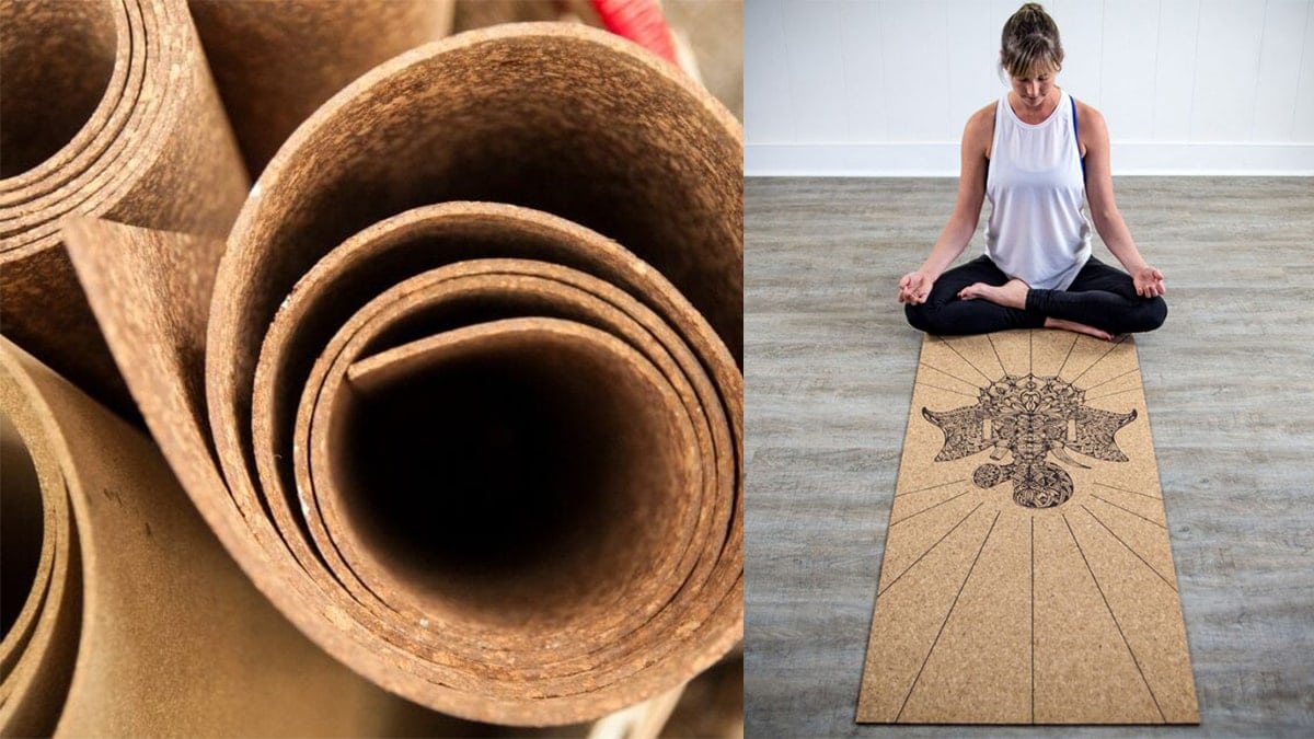 On left side: cork yoga mat. On the right: a woman meditating on a cork yoga mat. 