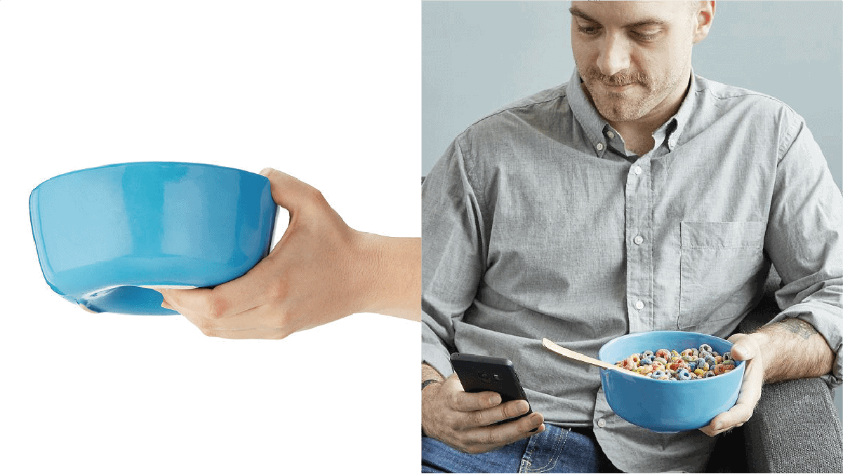 On left; a blue couch bowl. On right: a man checking his phone while holding cereal in his blue couch bowl. 