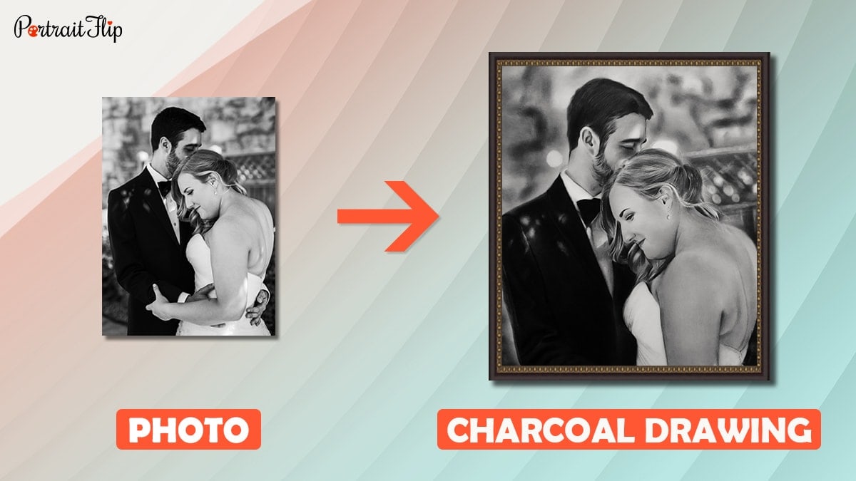 The wedding photo of a couple is turned into a charcoal drawing by the artists of portraitflip