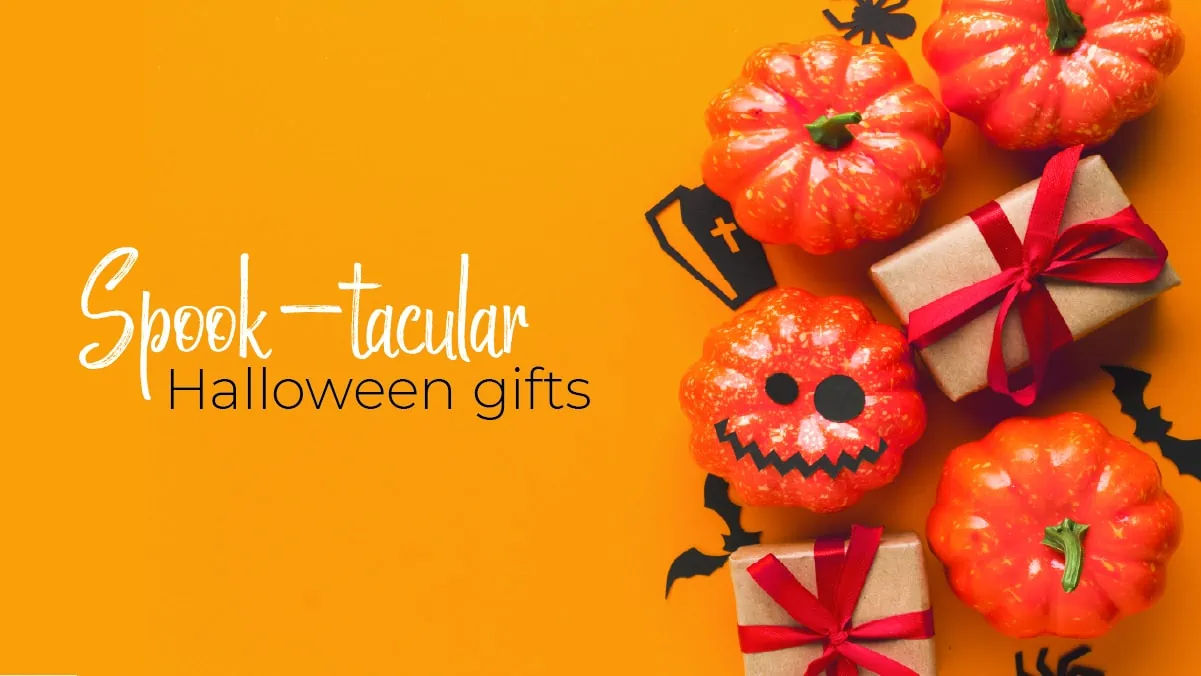 A few pumpkins and coffins placed vertically on an orange background. The text reads Spooktacular Halloween Gifts