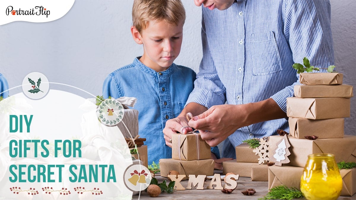 A father showing his son how to wrap gifts. 
this image suggests DIY gifts for secret santa. 