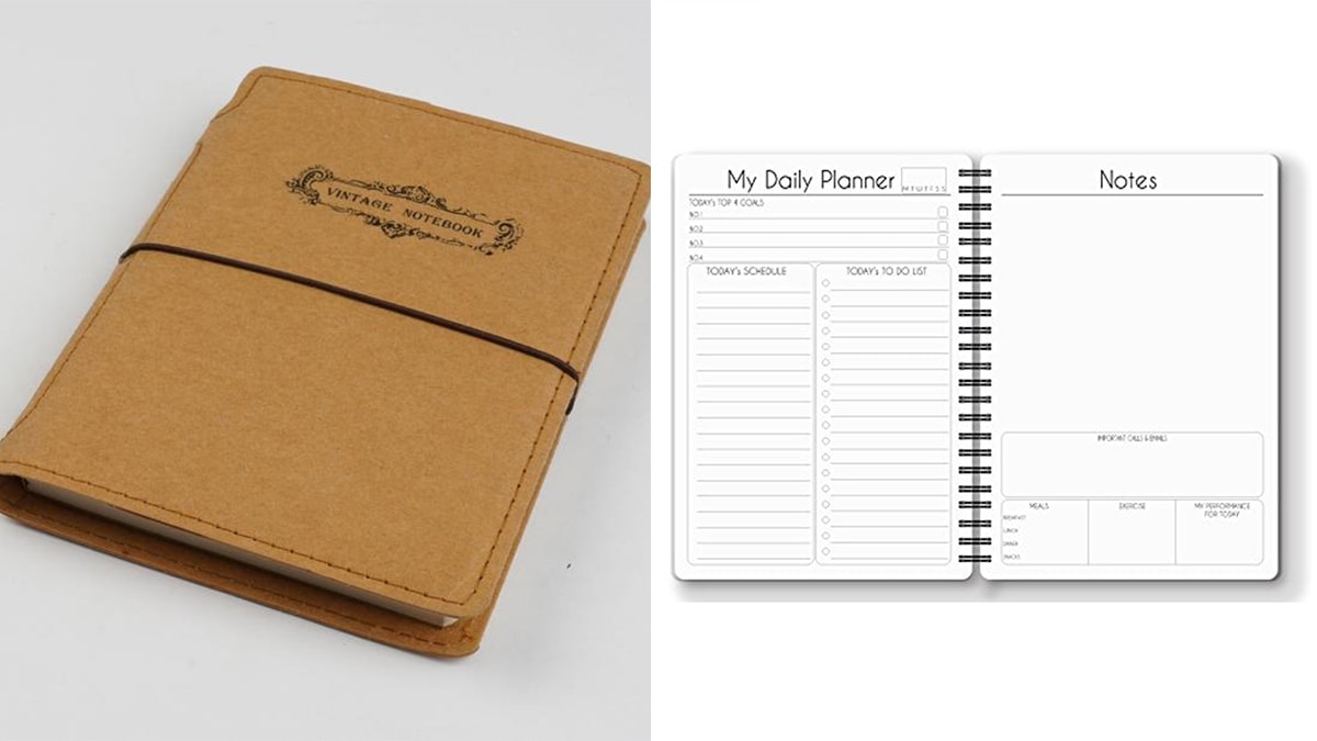 on left side: a brown colored Daily Planner diary. On the right side:  the inside pages of the diary. 