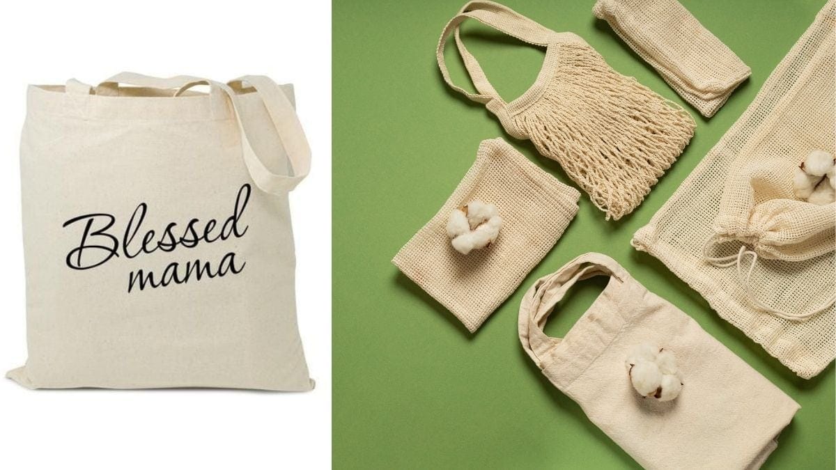 Two beautiful eco-friendly bags are placed on green and white backgrounds. 