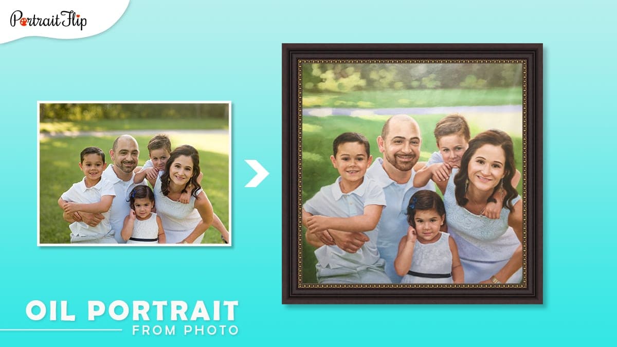 Christmas gifts ideas for him: a family photo of wife, husband , and three kids is turned into handmade oil painting by artists of portraitflip