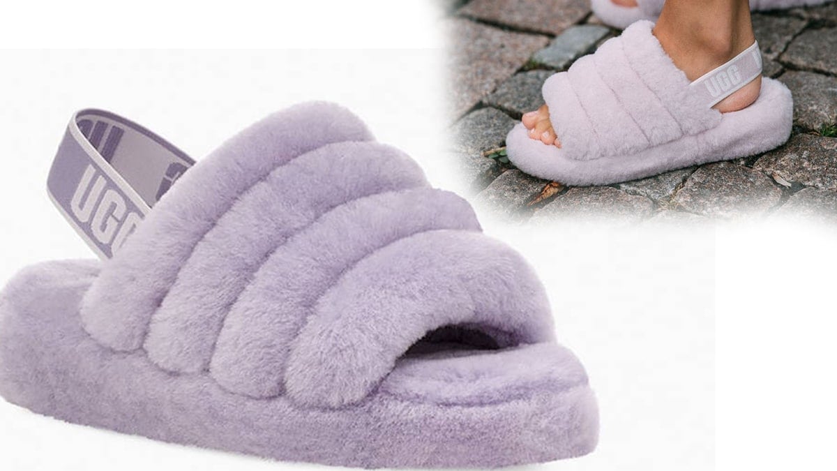 Fluff slide slippers against a plain background and a woman wearing the same slippers