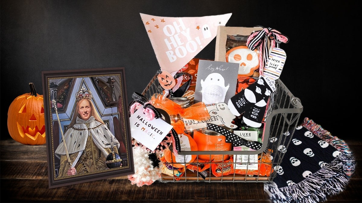 A spooky basket as a halloween gift for girlfriend that has everything from skincare products to socks to skull blanket to candies, treats and also a royal portrait painting of a girl.