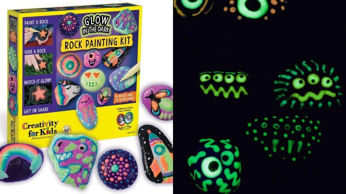 A rock painting kit box with glow in the dark colors and rocks. these glowing painted stones being used as garden stones in the night on All Hallows Eve Night.