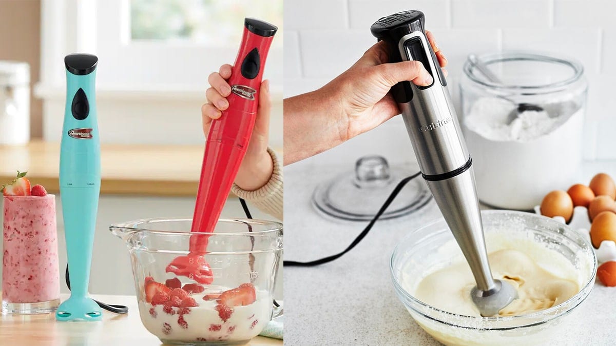 on the left; turquoise and red colored hand blender. On the right is a person whisking using a silver hand blender. 