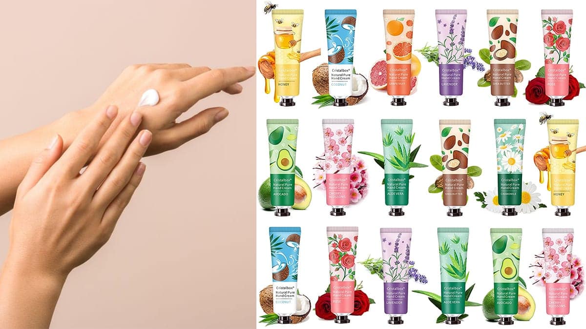 on the left side, a woman applying hand cream On right side:  different types of hand creams.