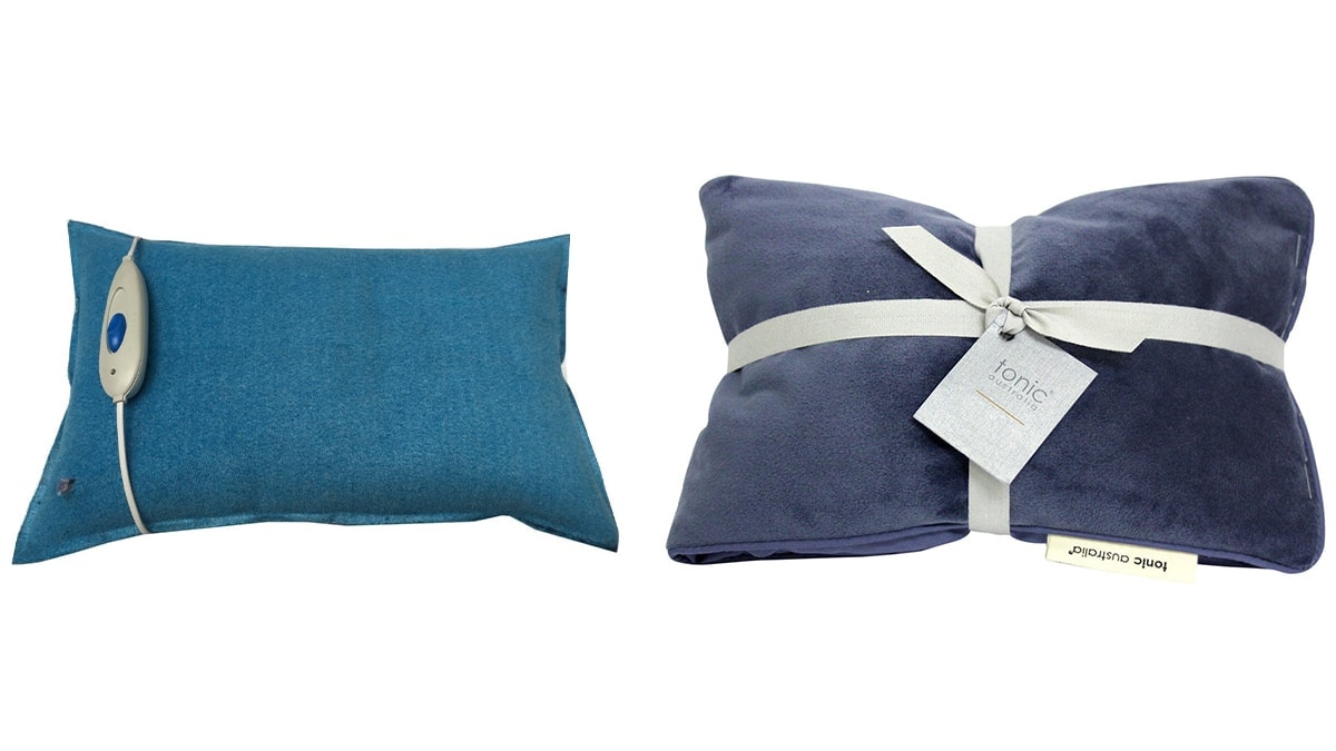 a blue and a purple heat pillows against a white background. 