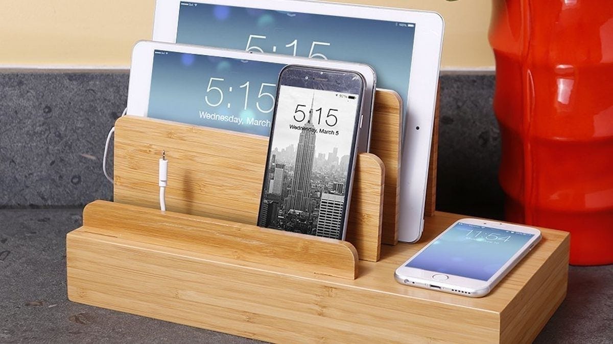 Home charging station with mobiles and tablets.