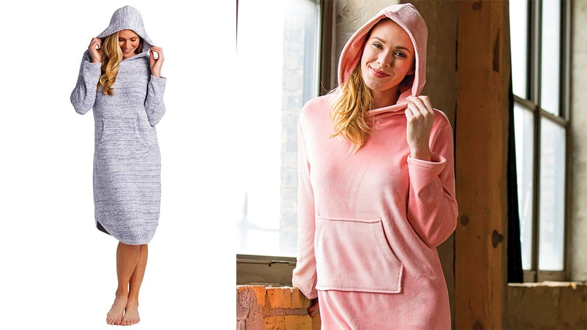 On left: a woman wearing a white-blue hooded lounger. on right: a woman wearing a pink hooded lounger 