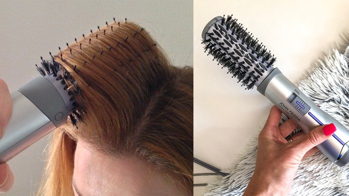 On left: a close-up shot of a woman using a hot air brush. On right: hot air brush.