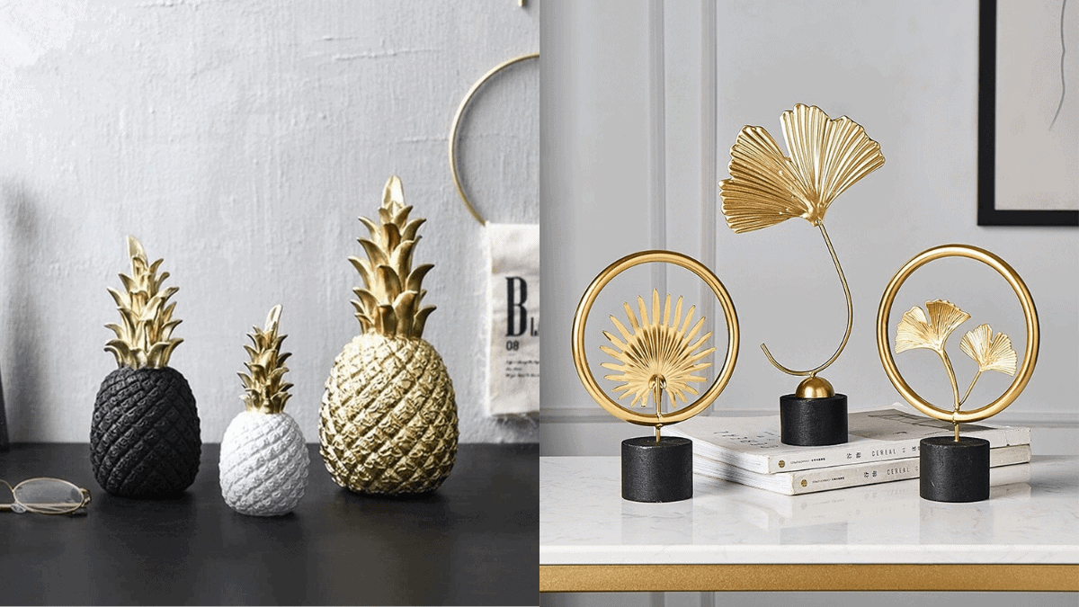Beautiful pineapple and flower shaped ornaments are placed on the table. 