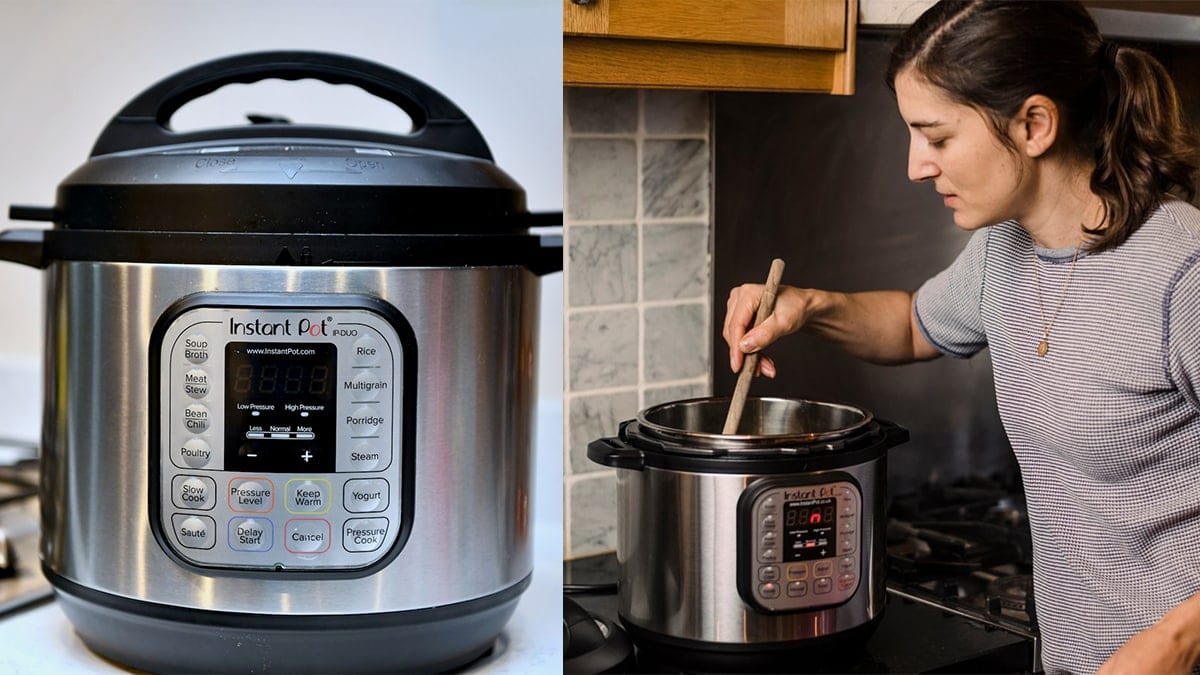 Instant pot  on the left side. on the right side: a woman stirring an instant pot. 