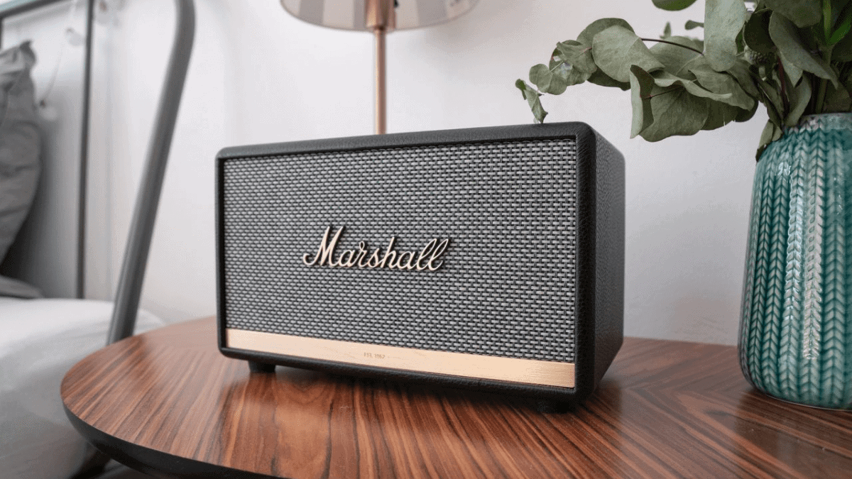 Marshall Speaker on a bed side table. 