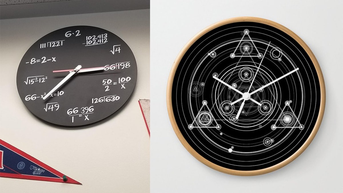 Two Black math clocks hanging on the wall. on left side, an algebra clock is hanging. On the right side, a geometric clock is hanging on the wall. 