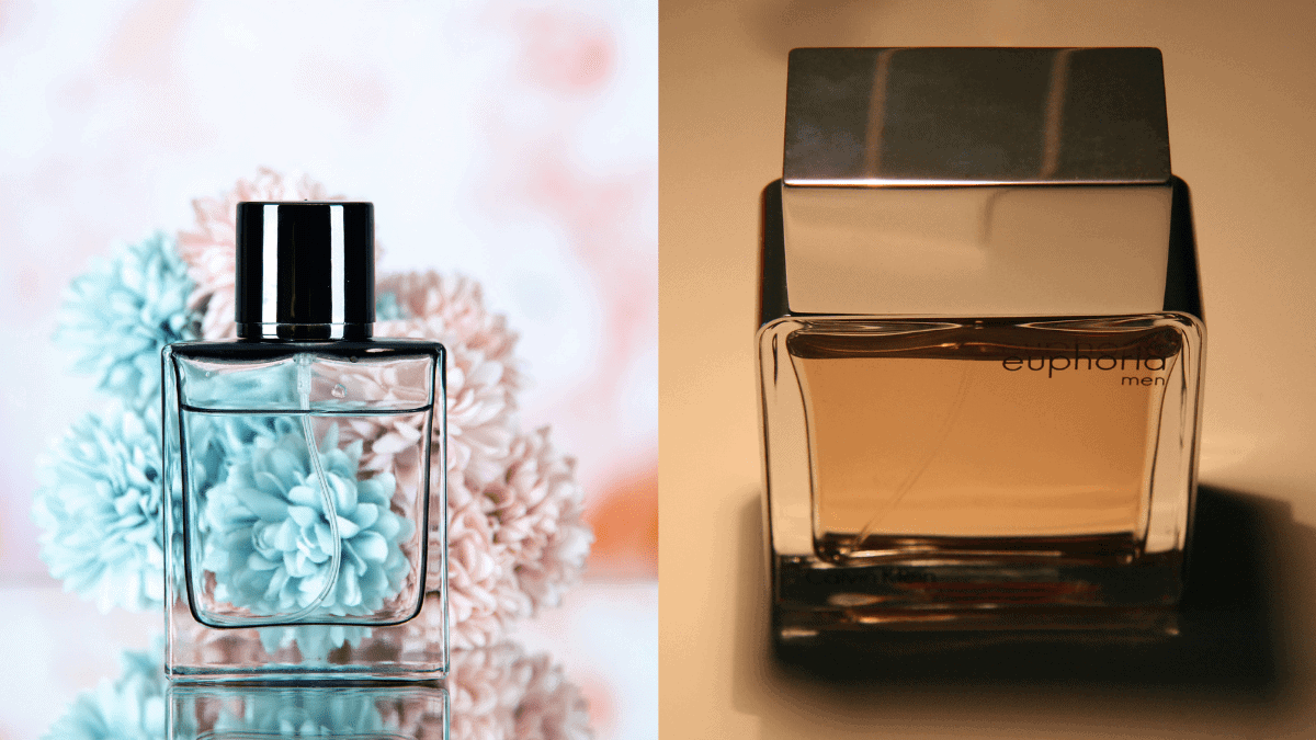 Two pleasant smelling men perfumes are placed on two different backgrounds. 