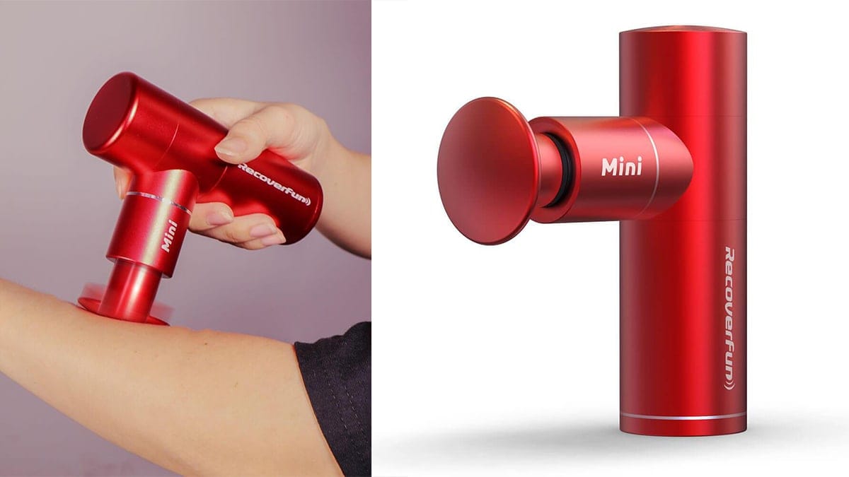 On left: a woman massaging her wrist with a red mini massager. On right: a red mini massager. 