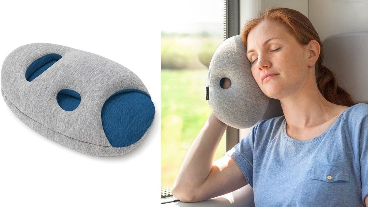 On the left: a mini travel pillow against white background. On the right: a woman head-resting with a travel pillow against window on a train journey