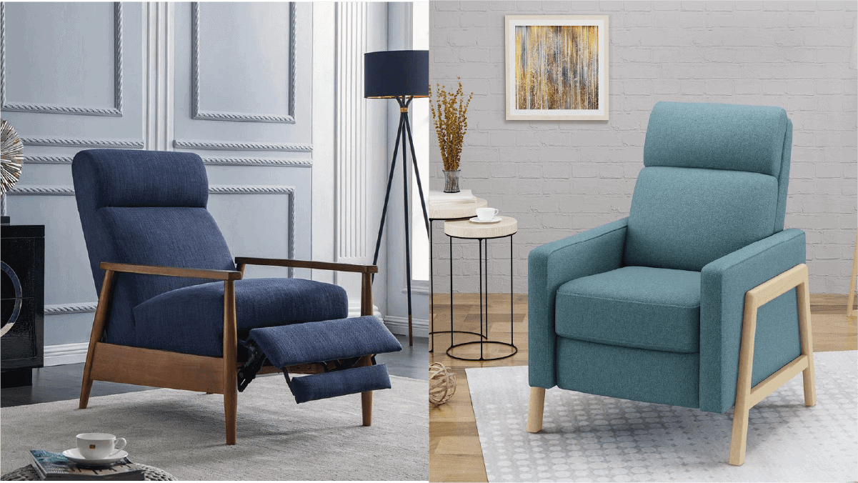 On left : a navy blue Mod recliner. On the right: a turquoise mod recliner. 