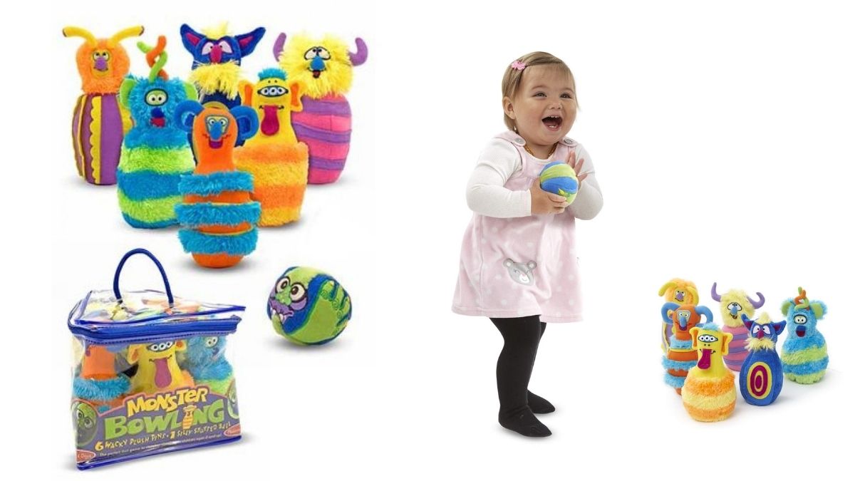 A bowling set with pins in the shape of plush monsters on one side and a small kid playing with the monster shaped plush toys bowling gifted to her for Halloween.