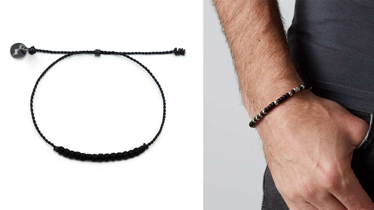on left; Morse code bracelet. On the right: a guy wearing a morse code bracelet. 