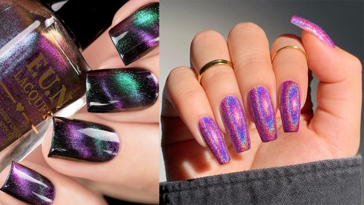 multichrome nail paint on her nails.