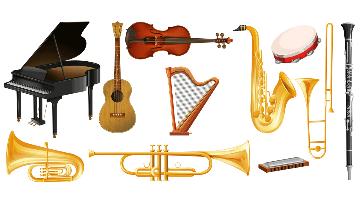A list of musical instruments in one frame. 