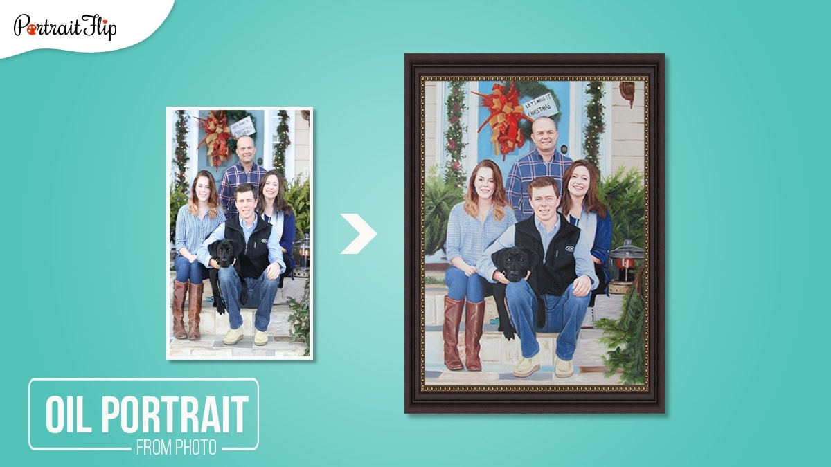 A portrait painting from photo made by PortraitFlip. 
this image shows a photo of an old man with his three grandchildren (two girls and one boy) sitting in front of their grandpa, who is standing behind them. 