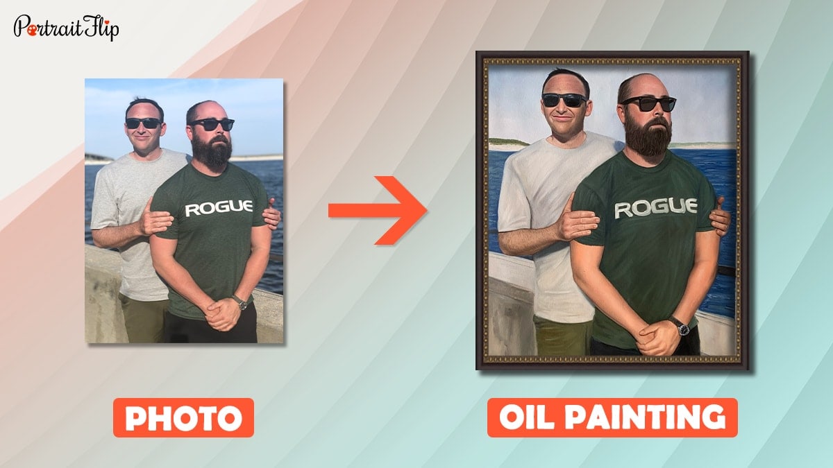 a photo of two friends is turned into a handmade oil painting by artists of portraitflip. 