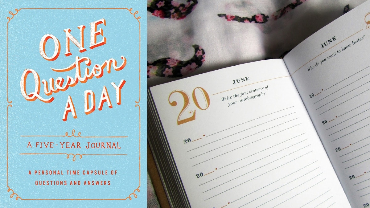 Cover photo of "One question a day: 5 years journal." On right side: a page from the journal.