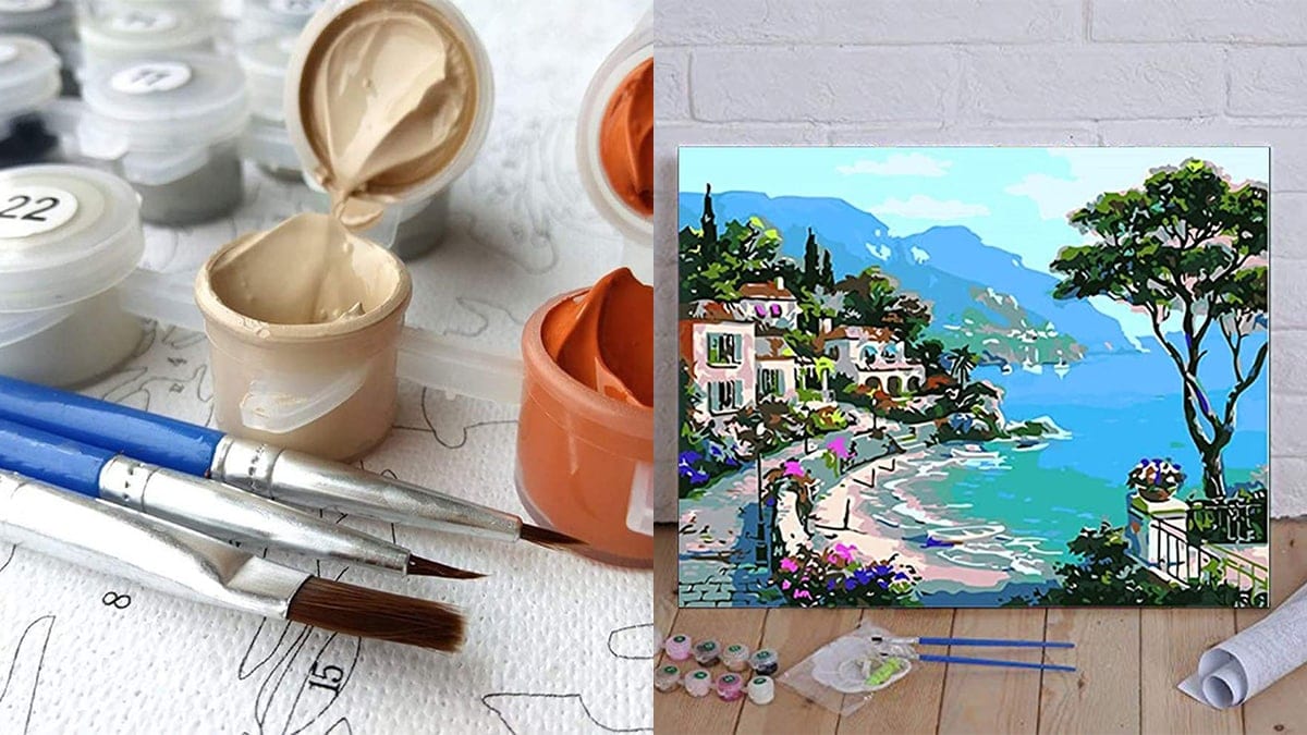 paint by numbers. On the left side: paint brush, paint and coloring page with numbers. On the right side: a completed paint-by-number painting