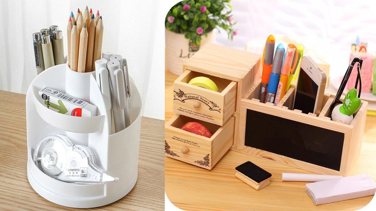 On left side: a white Pencil organizer with pencils, pens and stationery items. On the right side: a brown wooden pencil organizer with pens, pencil, mobile phone, and stationery items. 