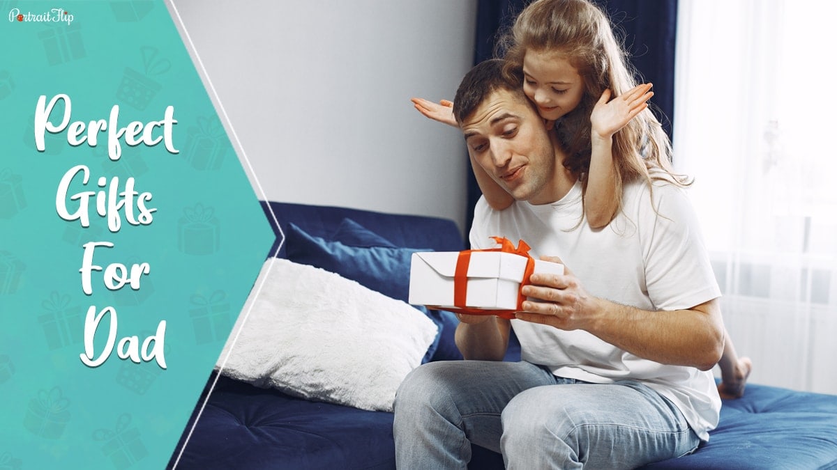 Perfect gifts for dad: a small girl surprising her father with a perfect gift. 