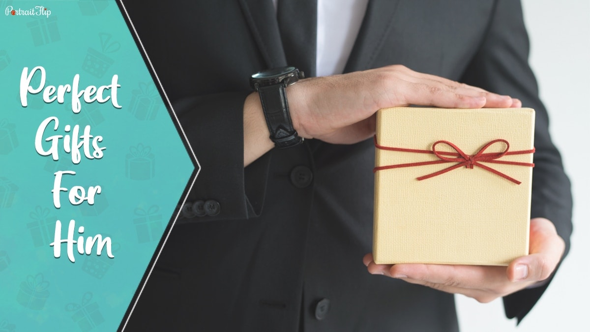 perfect gifts for him; a  guy holding a yellow gift box in his hand, 