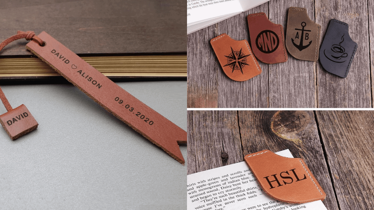 A personalized leather bookmark shown in two sizes, a long vertical bookmark and a small rectangular one. 