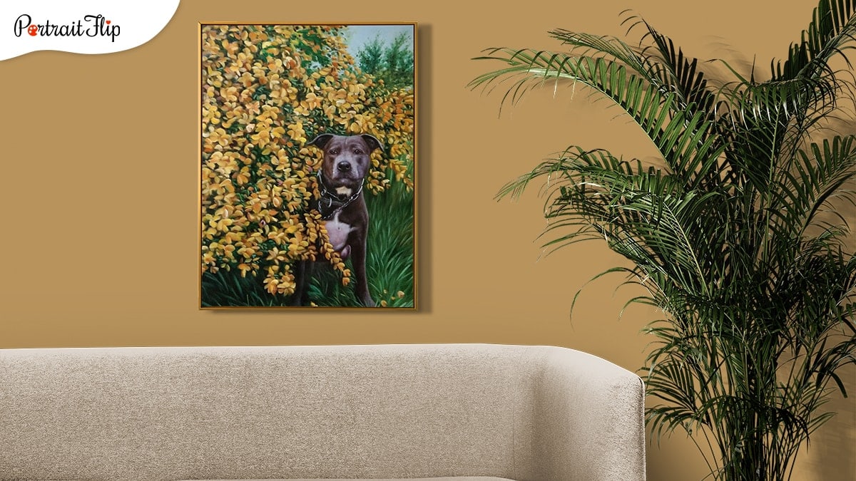 A painting made by PortraitFlip of a sweet looking black pitbull who is standing amongst yellow flower.  