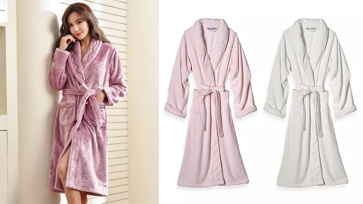 On The left: a woman wearing a pink plush robe. On right side: A soft pink and a white plush robe against white background. 