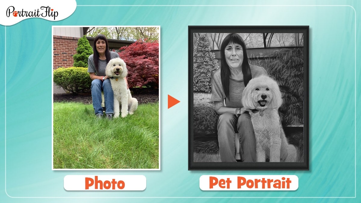 a photo of a woman and her pet is turned into a charcoal pet portrait by artists of portraitflip. 